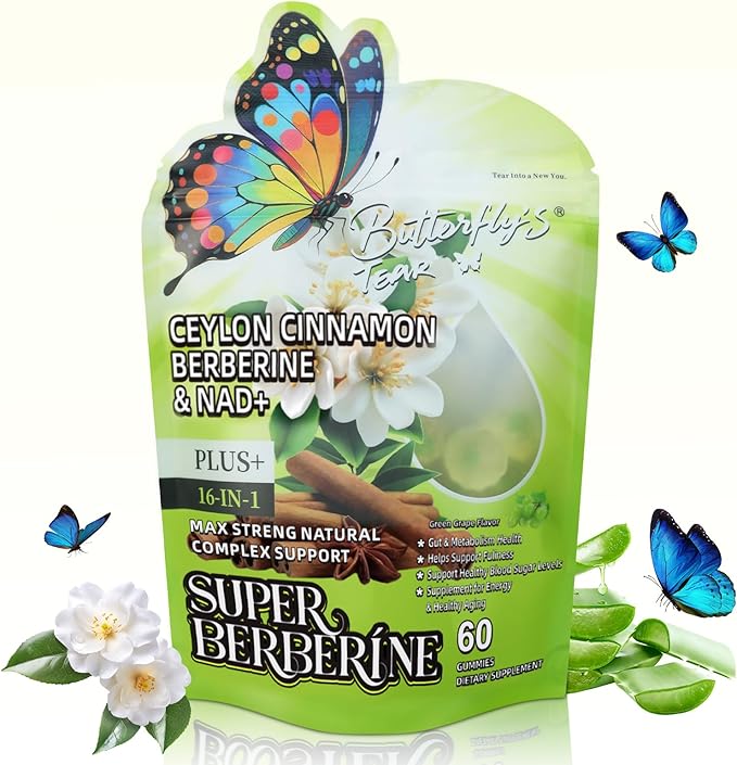 BUTTERFLY'S TEAR Berberine Supplement Gummies – Support Healthy Metabolism with Ceylon Cinnamon, Turmeric, Green Tea, Vegan, Non-GMO, Gluten-Free - Green Grape Flavor (1 Pack 60 Chew)