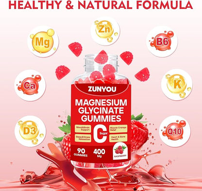 Magnesium Glycinate Gummies 400mg, Sugar Free Magnesium Gummies for Sleep, Muscle Support and Relaxation, Calm Magnesium Supplements for Women and Men, 90 Count