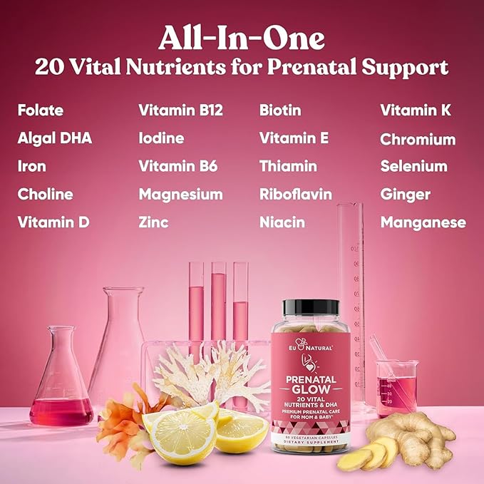 Eu Natural Glow Prenatal Vitamins for Women - 20-in-1 Prenatal Multivitamin with Folate & Vegan DHA - Supports Healthy Pregnancy, Fetal Development & Mom’s Comfort - 120 Vegetarian Capsules