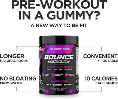 Bounce Pro Pre Workout Gummies – 70 Vegan Chewable Gummies with Caffeine, Lion’s Mane & L-Theanine for Energy, Focus & Endurance – Mushroom Preworkout for Men & Women – Black Razz Flavor