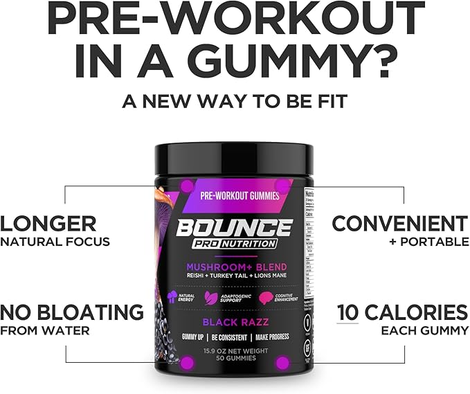 Bounce Pro Pre Workout Gummies – 30 Vegan Chewable Gummies with Caffeine, Lion’s Mane & L-Theanine for Energy, Focus & Endurance – Mushroom Preworkout for Men & Women – Black Razz Flavor