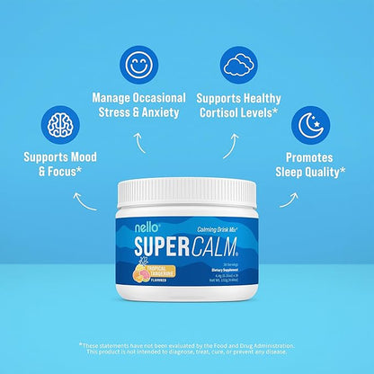 Nello Supercalm Powdered Drink Mix Tub, Cortisol Reducer* and Sleep Aid Supplement, L Theanine, Ksm-66 Ashwagandha, Magnesium Glycinate, Vitamin D 3, No Sugar, Non GMO, 30 Ct, Tropical Tangerine