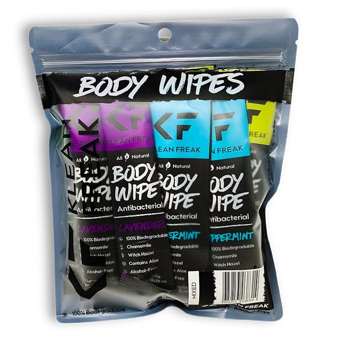 The Klean Freak Body Wipes - 12 count Individually Wrapped | Showerless Body Wipe for Women & Men | Sustainable Bodywipes for Gym, Travel, Camping | Mixed