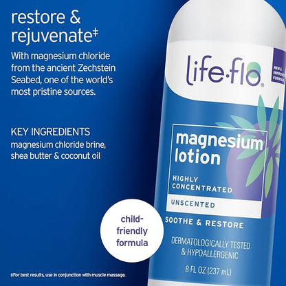 LIFE-FLO Unscented Magnesium Lotion - Highly Concentrated Magnesium Lotion for Kids and Adults - Soothes Overworked Muscles, Joints When Massaged into the Skin - Hypoallergenic, 60-Day Guarantee - 8oz