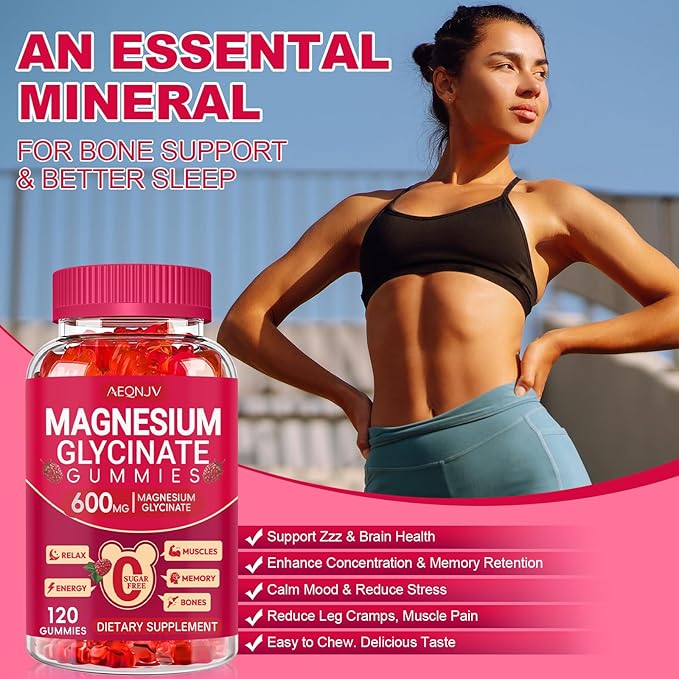 Magnesium Glycinate Gummies 600mg, Sugar Free Magnesium Gummies for Adults, Chewable Potassium Supplements for Sleep, Body Support and Relaxation, 2 Pack
