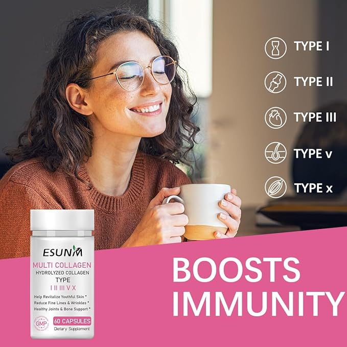 ESUNM Multi Collagen Capsules for Women & Men - Type I, II, III, V, X - Hydrolyzed Collagen Supplements with Biotin, Vitamin C for Hair, Skin, Nail & Joint Support, 60 Capsules,30 Servings