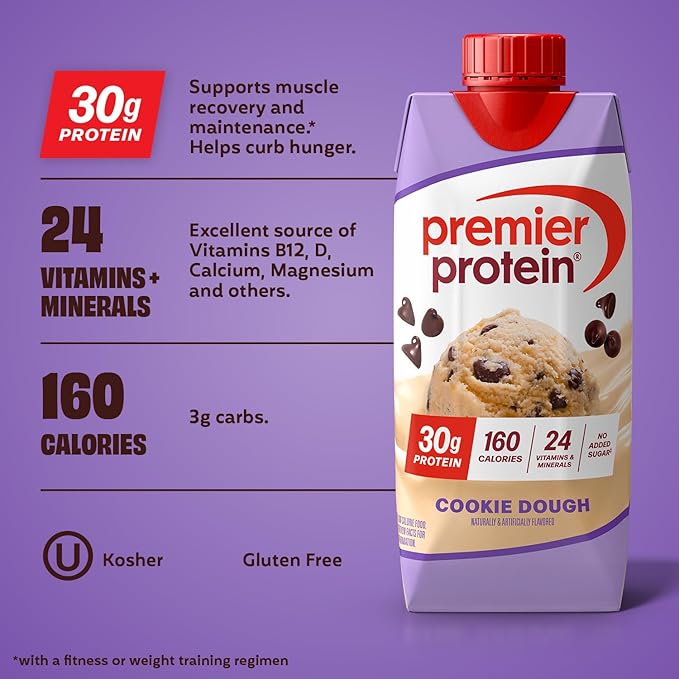 Premier Protein Shake, Cookie Dough, 30g Protein, No Added Sugar, 24 Vitamins & Minerals to Support Immune Health, 11 fl oz, 4 Pack