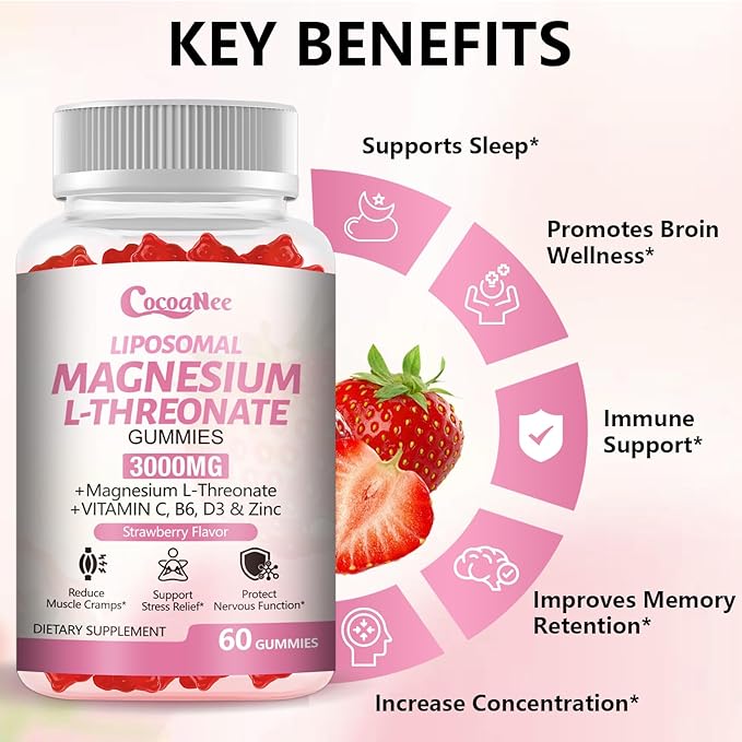 3000mg High-Potency Liposomal Magnesium Threonate Gummies, Magnesium L-Threonate Supplements, Liposomal Enhance 98% Absorption, Muscle & Nervous System Support for Adults & Kids, Strawberry Flavor