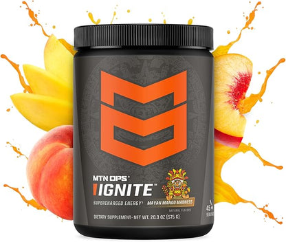 MTN OPS Ignite Sugar Free Energy Drink Powder with 200mg Caffeine, Nootropic Blend for Energy, Focus & Endurance, L Arginine & L Citrulline Pre Workout, 45 Servings, Mayan Mango