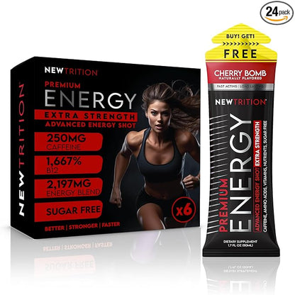 NewTrition® Extra Strength Energy Shots, 1.7 fl oz - 250mg Caffeine with Vitamin B & Amino Acids, Sugar-Free, Zero Calorie Vitamin Energy Drink for Focus & Endurance (Pack of 6, Cherry Bomb)