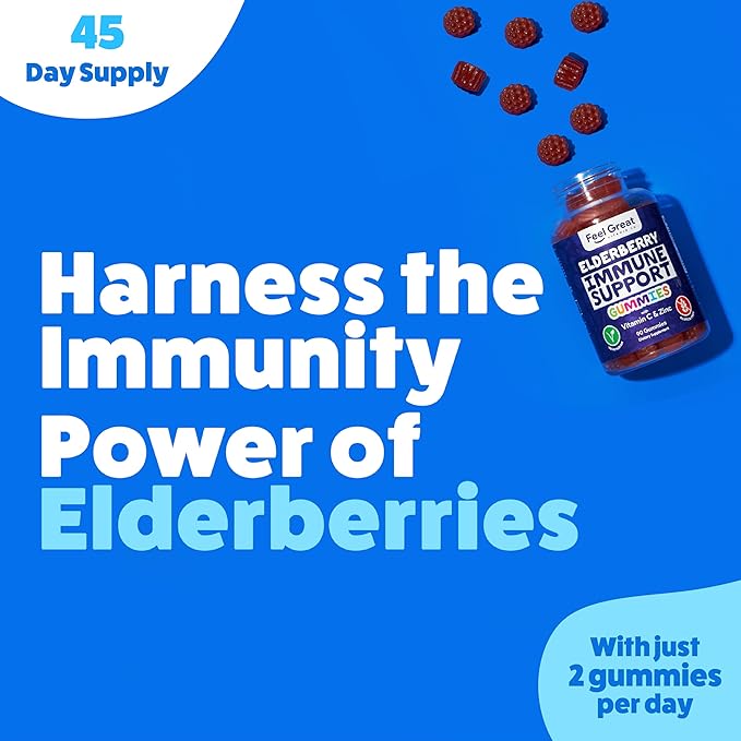 Feel Great Sambucus Elderberry Gummies with Zinc and Vitamin C for Adults | Immune Support Booster | Berry Flavored Vegan Supplement | 90 Day Supply 