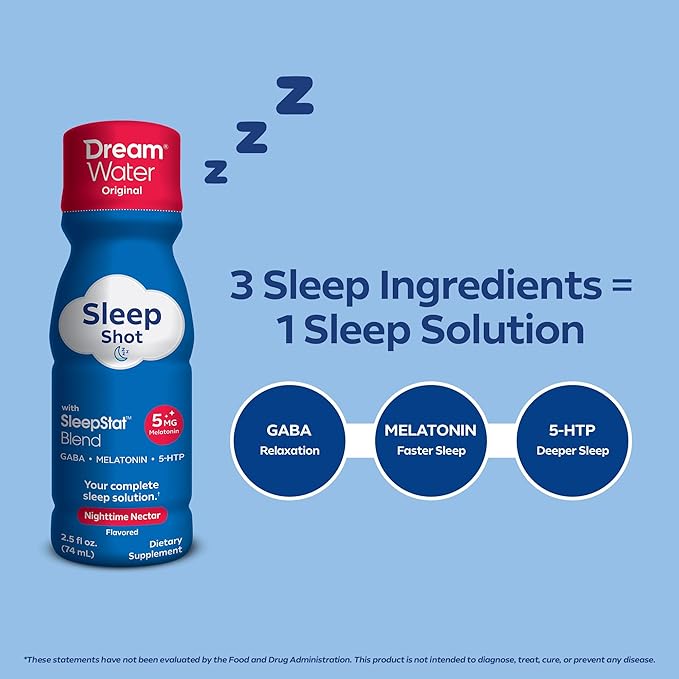 Dream Water Sleep Aid Supplement Drink; Melatonin 5mg, GABA, 5-HTP; Zero sugar, Natural flavors, No added colors, 2.5 oz liquid sleep shots, Nighttime Nectar, 24-Count