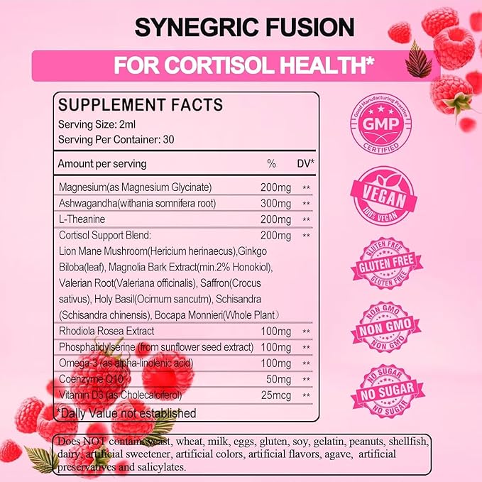 Cortisol Supplement Liquid Drops, 17-in-1 Cortisol Reducer w. Ksm-66 Ashwagandha Theanine Rhodiola Rosea Magnesium Phosphatidylserine, Hormone Balanced & Lower Cortisol for Women Calm* Relaxation