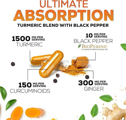 Turmeric Curcumin Supplement - 95% Curcuminoids with Organic Turmeric & Ginger, BioPerine Black Pepper Extract for Best Absorption, Natural Vegan Joint Support, Non-GMO, Bottled in USA - 180 Capsules