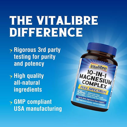 10 in 1 Magnesium Complex, 420mg Elemental Magnesium | Ultra Strength, Max Absorption | Chelated Magnesium Supplement for Nerves, Bone & Heart Health | Non-GMO, 180 Vegan Capsules