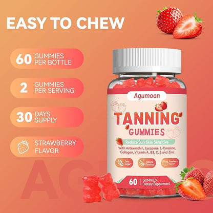 Tanning Gummies for Women and Men, Self Tan Supplement with Beta Carotene, Lycopene, Astaxanthin, Collagen & Vitamins, for Skin Health & Pigmentation, Vegan - 120 Gummies
