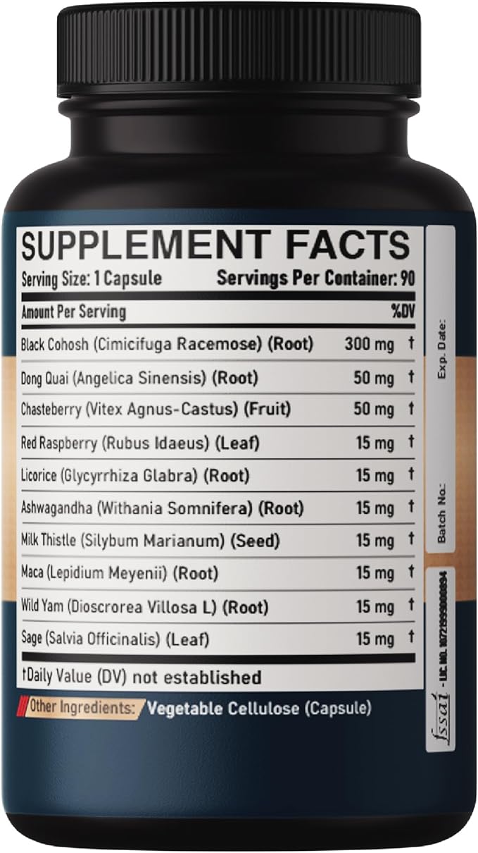 DEDICAD Black Cohosh Supplement - 3 Months for Menopause & Immune Health - Blend of 12 Potent Herb Includes Dong Quai, Chasteberry, Wild Yam, Red Clover, Black Pepper & Others - 90 Vegan Capsules