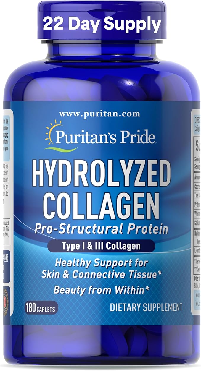 Puritan's Pride Hydrolyzed Collagen Pro-Structural Protein for Men and Women 1000mg, Dietary Supplement for Skin, Bones and Joints, 180 Caplets