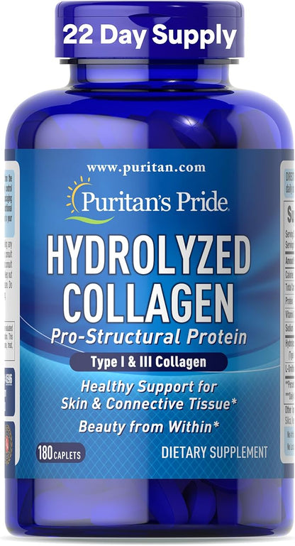 Puritan's Pride Hydrolyzed Collagen Pro-Structural Protein for Men and Women 1000mg, Dietary Supplement for Skin, Bones and Joints, 180 Caplets