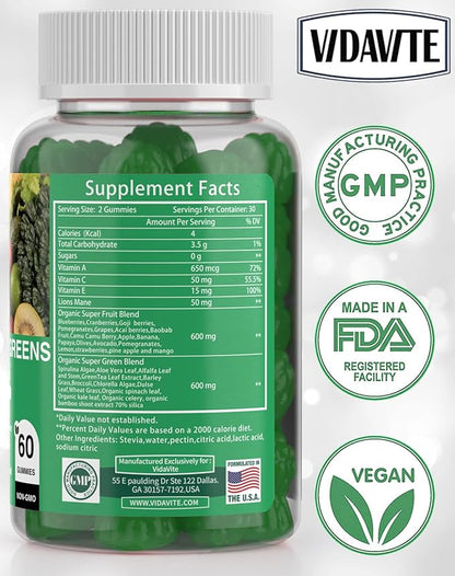 VIDAVITE Sugar-free Super Greens Gummies — US-Made, 35+ Fruit and Veggie gummies to Boost Immunity, Skin & Gut Health — Ideal Fruits and Vegetables Supplement for Adults & Picky Teens (30-Days Supply)
