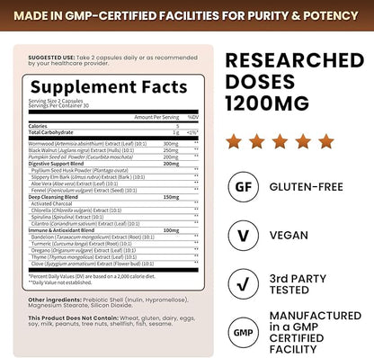 Lukaree Wormwood Black Walnut Cleanse for Human 1200mg – Ultra Gut Cleanse & Digestive Health w/Pumpkin Seed Oil,Clove,Activated Charcoal -10X Concentrated, Men & Women Probiotic Capsules -Vegan,60 CT