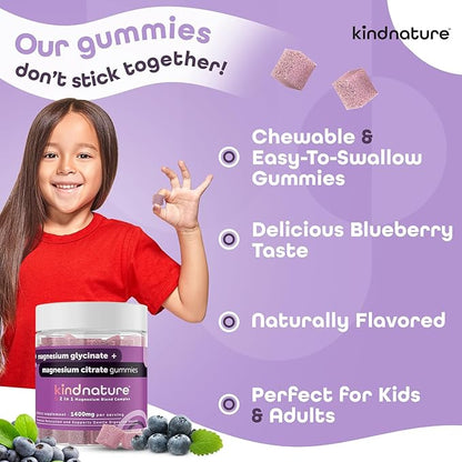 kindnature Magnesium Glycinate & Citrate Gummies – Calm Magnesium Complex for Sleep, Stress, Cramps & Digestion – Chewable Vegan Magnesium Supplement for Women, Teens, Adults – 60 Ct