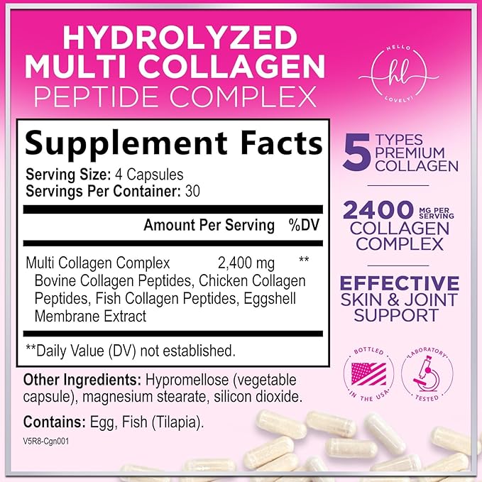 Multi Collagen Peptides Complex - Advanced Hydrolyzed Collagen Supplement Pills with Type I, II, III, V & X - Hair, Skin, Nail & Joint Support Supplement for Women & Men - USA Bottled - 120 Capsules