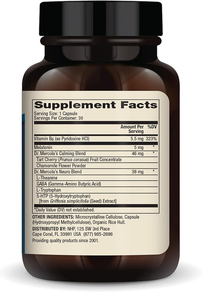 Dr. Mercola Sleep Support with Melatonin - Supports Restful Sleep & Relaxation - Melatonin with L-Theanine, 5-HTP, GABA & Chamomile - 30 Capsules - 5 mg