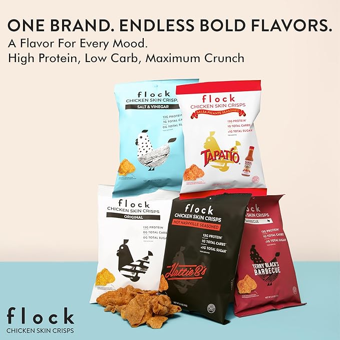 Flock Keto Chicken Skin Chips | Salt and Vinegar Flavor | Low Carb, High Protein, Gluten-Free Chicken Crisps, Keto Snack, Low Carb Chips, Protein Crackers, Diet Snacks, 8-Pack (1oz)