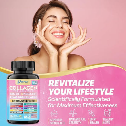Collagen Peptides Types I, II, III, V & X, MCG Biotin, Keratin, Hyaluronic Acid, MSM, Zinc, Grape Seed Extract, Quercetin, Vitamin A, Vitamin C, Vitamin E, Magnesium, Folic Acid (180 Capsules)