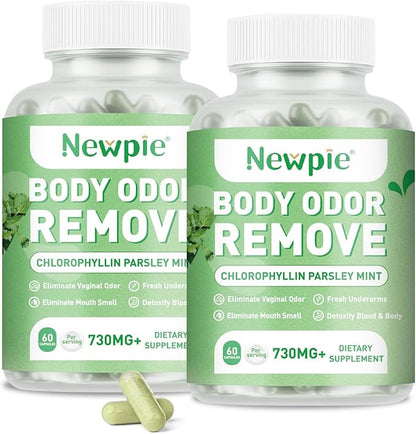 Body Deodorizing Supplement, Chlorophyll Capsules for Skin Body Odor, Fresh Breath & Gut Odor Control for Men & Women | Vegan with Parsley Leaf Green Tea, Gluten Free, 60 Capsules (2)