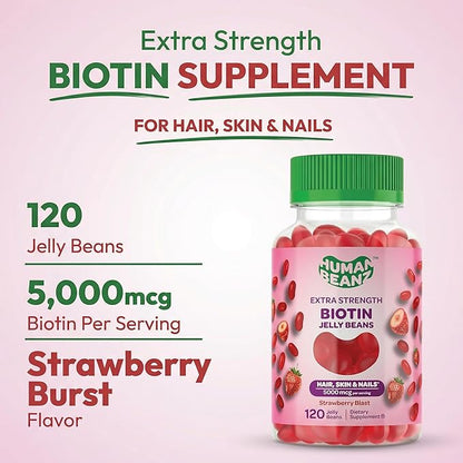 Biotin Jelly Bean Gummy Vitamins, Extra Strength Biotin for Hair, Skin and Nails, 5000mcg per Serving, Hair Growth Vitamins for Men and Women, 120 Strawberry Blast Jelly Beans, Kosher