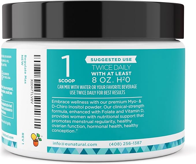 Eu Natural Regulate MAX Myo-Inositol & D-Chiro Inositol Supplement Powder for Women with Vitamin D & Folate Nutritional Support, Hormone Balance & Fertility Support, Unflavored 60 Servings