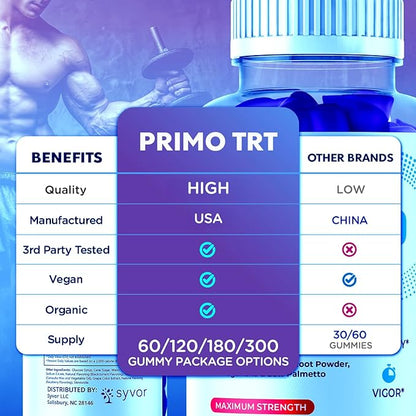 Primo TRT Gummies for Men, Official Primo TRT Male Performance Gummies with Maximum Strength Ingredients, Advanced PrimoTRT Male Health Support Gummy Supplement Premium Quality Vitamins (60 Gummies)