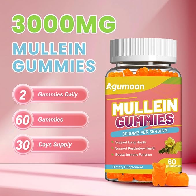 2PACK 3000MG Mullein Gummies, Extra Strength Mullein Leaf Extract with Quercetin, Bromelain for Lung Detox & Immune Support, Mango Flavor, 120 Count