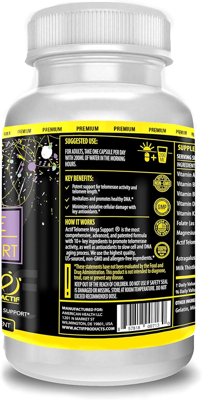 ACTIF Telomere Mega Support with 10+ Factors, Non-GMO, Telomerase and DNA Supplement for Energy, Memory and Anti-Aging, Made in USA, 60 Count