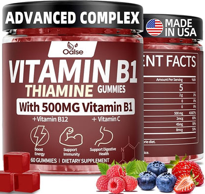 Thiamine Vitamin B1 Gummies - 500g Vegan Sugar Free Thiamine Supplement, with Natural Mixed Berries Flavor for Adults & Kids (60 Counts) Focus Supplement