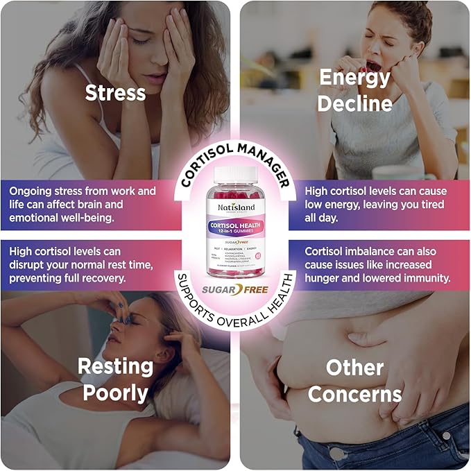 Cortisol Gummies, 12-in-1 Cortisol Reducer, with Magnesium Glycinate, Ashwagandha, L-Theanine, Phosphatidylserine, Vitamin B6 & D3, Rhodiola Rosea, for Men & Women, Sugar-Free, Vegan, NON-GMO, 60CT