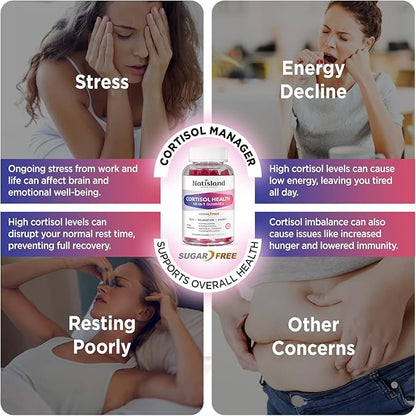 Cortisol Gummies, 12-in-1 Cortisol Reducer, with Magnesium Glycinate, Ashwagandha, L-Theanine, Phosphatidylserine, Vitamin B6 & D3, Rhodiola Rosea, for Men & Women, Sugar-Free, Vegan, NON-GMO, 60CT