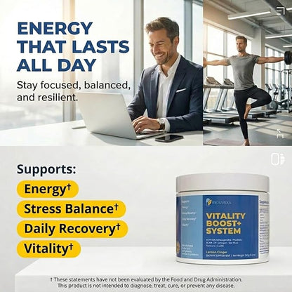 Vitality Boost+ System – Daily Energy & Stress Support Powder – 500mg KSM-66® Ashwagandha, BCAA 2:1:1, Magnesium, CoQ10 & Collagen – 30 Servings – Lemon Ginger – Made in USA