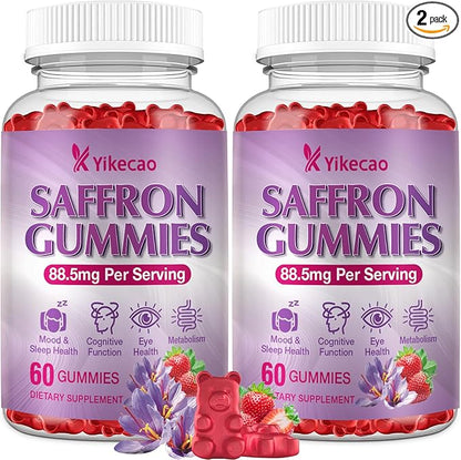 2 Pack Saffron Supplements Gummies for Kids & Adult, 88.5mg Saffron Extract with Vitamin D3, B6, Magnesium, Ashwagandha, L-Theanine for Clam, Energy, Focus, Sugar-Free, Strawberry Flavor, 120 Count