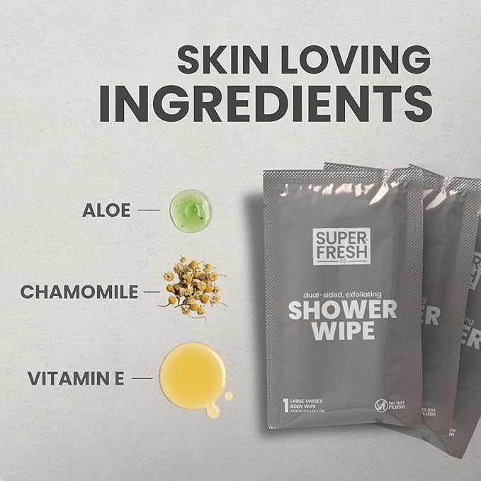 Super Fresh Shower Wipes Large Sandalwood Body Wipes for No Rinse Bathing Personal Hygiene Gym Travel or Camping Enriched with Aloe and Vitamin E 10 Individually Wrapped Disposable Sheets