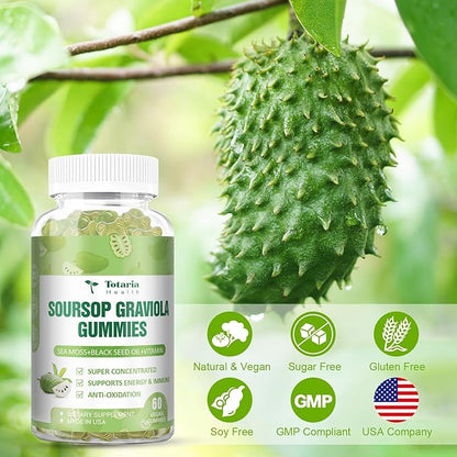 Totaria (2 Packs) Sugar Free Soursop Oil Graviola Sea Moss Gummies - Support Digestive Sleep Skin Health, Immunity & Antioxidant - Guanabana Fruit with Sea Moss, 150mg Black Seed Oil Non-GMO Vegan
