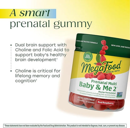 MegaFood Baby & Me 2 Prenatal Vitamins for Women Gummies with Folic Acid and Choline for Baby’s Brain Development; Plus Real Fruit- Red Raspberry Flavor - 60 Gummies (30 Servings)