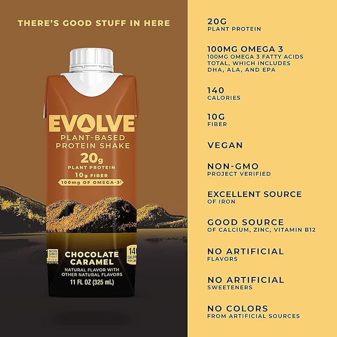 Evolve Plant Based Protein Shake, Chocolate Caramel, 20g Vegan Protein, Dairy Free, No Artificial Sweeteners, Non-GMO, 10g Fiber, 11oz, (24 Pack)