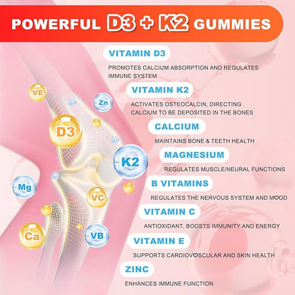 Sugar Free Vitamin D3 K2 Gummies - Vitamin D Gummies with VD3, VK2, 7 Essential Vitamins - Supports Bone, Muscle, Teeth & Immune - Vegan, Non-GMO, Strawberry Flavor, 120 Count