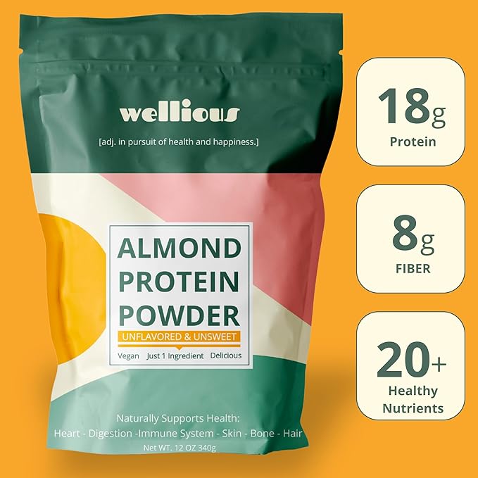 wellious Almond Protein Powder (Unflavored, Unsweetened) - 18 Grams of Pure Healthiest Vegan Protein for Women & Men | Soy-Free & Gut Friendly Protein Powder for Sports Nutrition