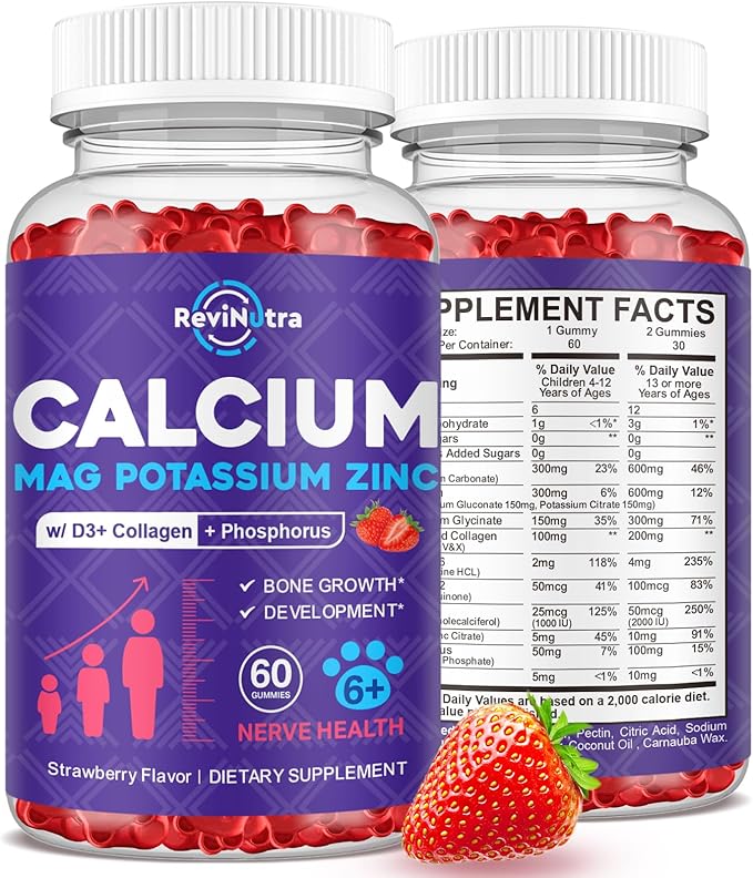 Calcium Potassium Magnesium Gummies for Kids & Adults, with Hydrolyzed Collagen, Zinc, Phosphorus, Multivitamin for Sleep, Bone Strength, Density Support, Sugar Free, Strawberry Flavor 60 Gummies