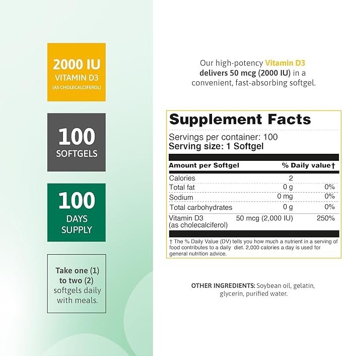 Vitamin D3 2000 IU Softgels – 100 Softgels – Vitamin D3 Supplement for Daily Use