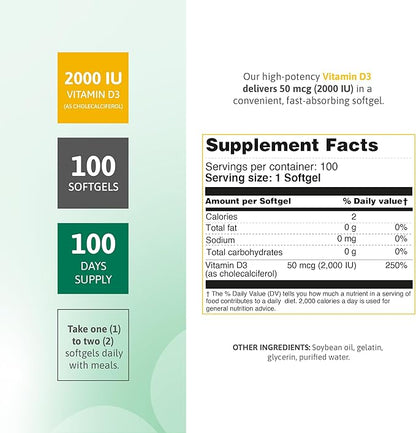 Vitamin D3 2000 IU Softgels – 100 Softgels – Vitamin D3 Supplement for Daily Use